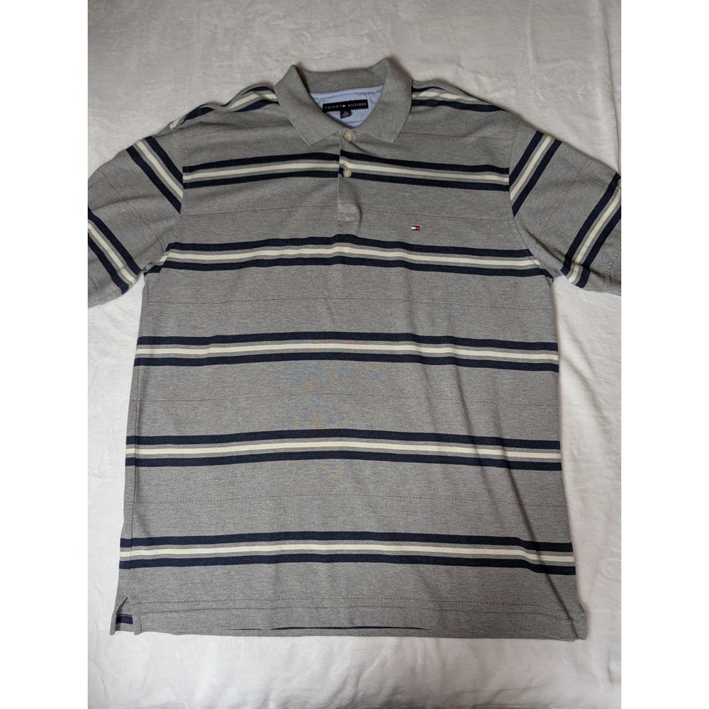 2003 Y2K Tommy Hilfiger Striped Polo Shirt Mens XL Grey Navy Blue 100% Cotton
